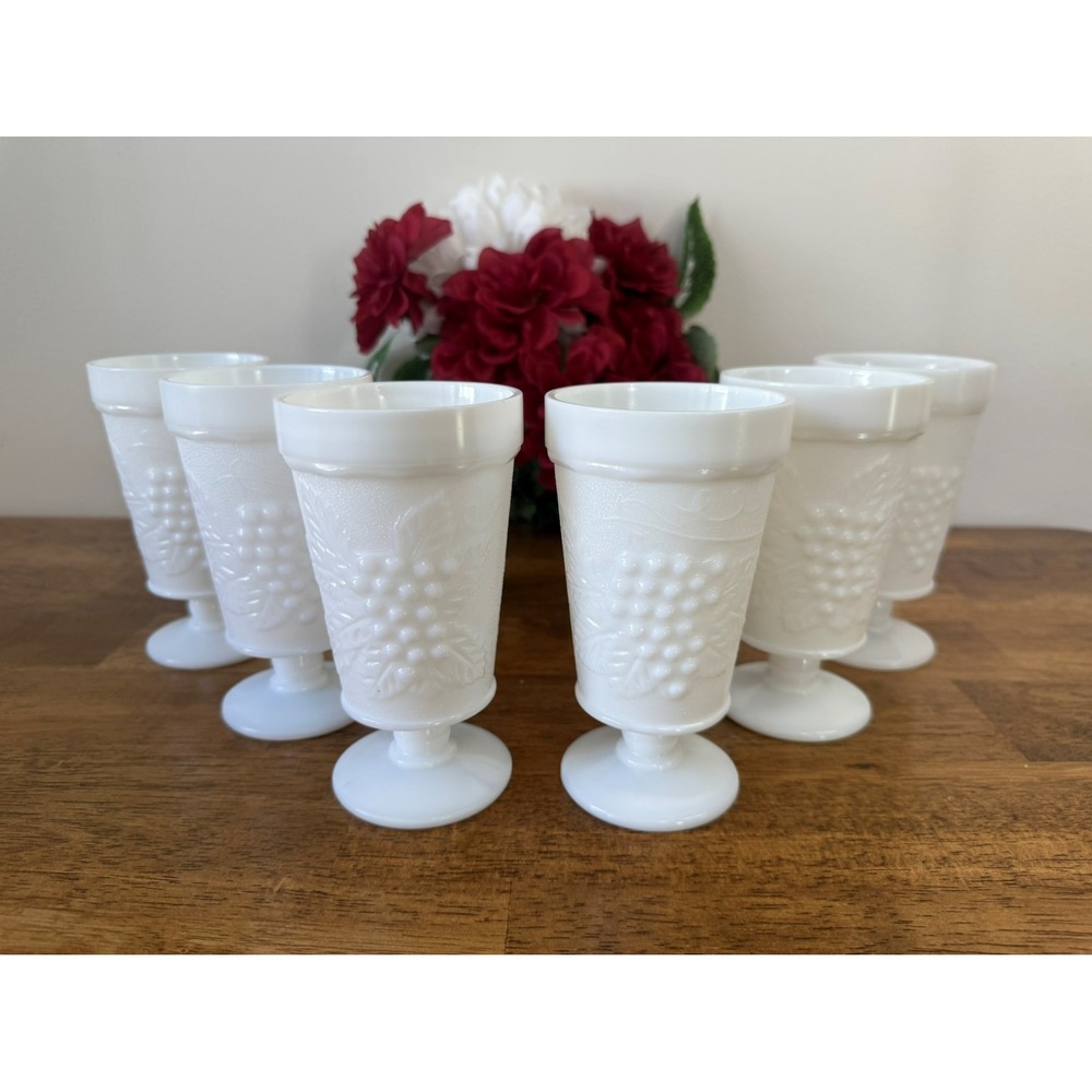 Vintage Milk Glass Goblets Grape Leaf Pattern White Pedestal Glasses MCM Wedding